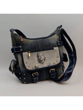 Y2K Marilyn Monroe Distressed Denim Shoulder Bag Purse Mcbling Glam Studded 2000